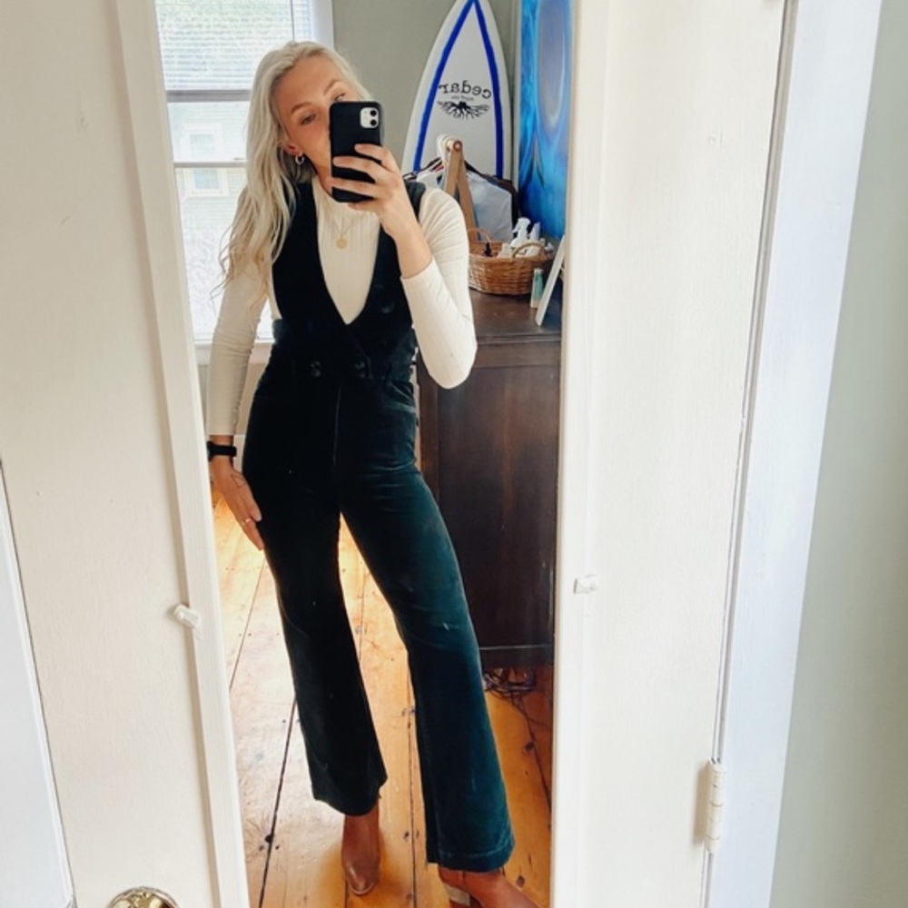 Anthropologie Pilcro Green Corduroy Jumpsuit Deep V Overalls Flares